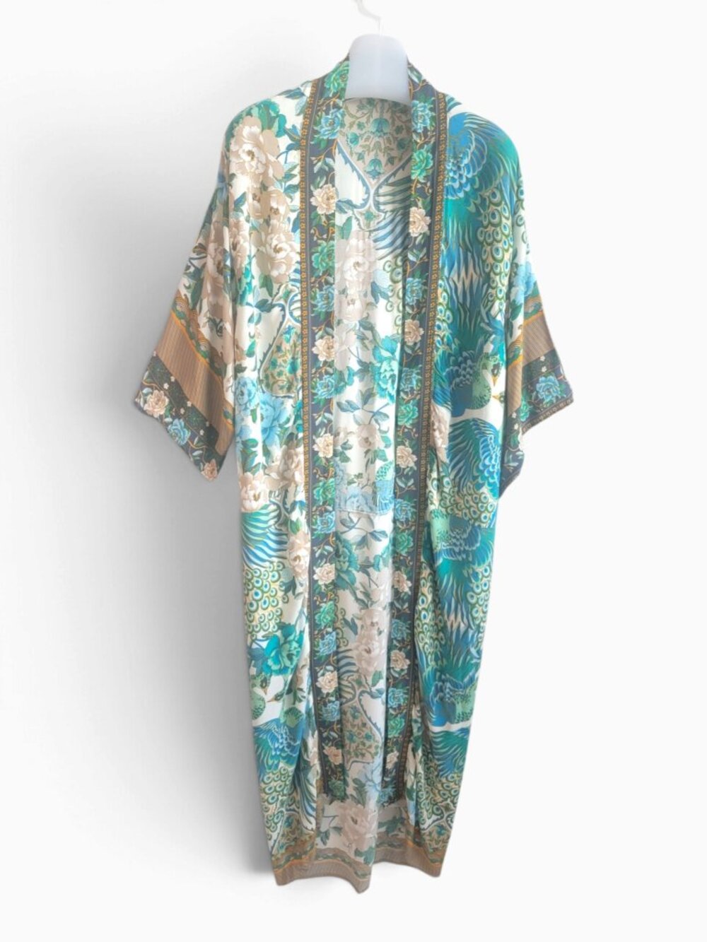 Peacock Floral Kimono Duster M Long Maxi Boho Chinoiserie Open Sleeve